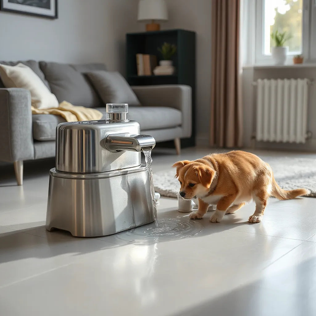 A modern pet water fountain with a dog and cat drinking under soft natural light