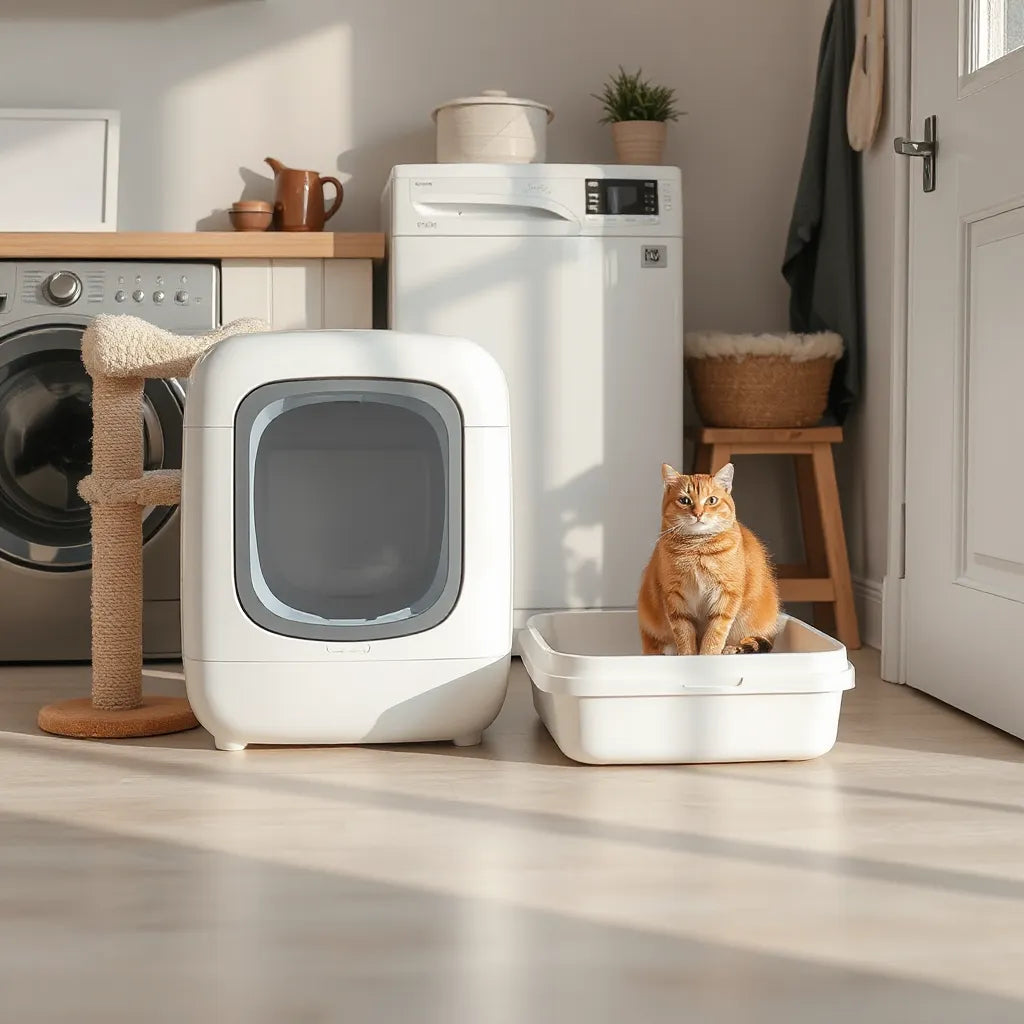 Calm cat near a sleek automatic litter box in a clean, modern laundry room