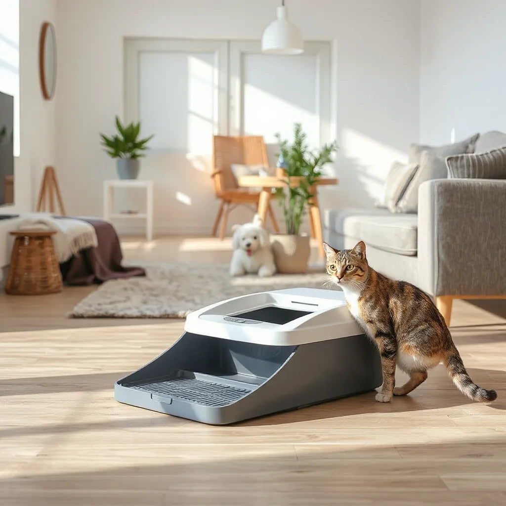 Modern self-cleaning cat litter box in a bright room with a cat nearby