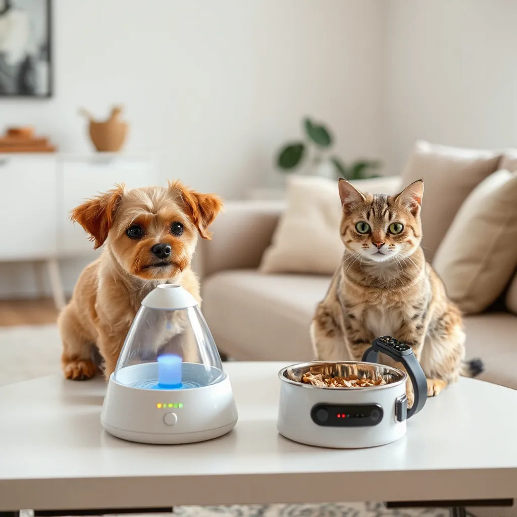 Dog and cat near smart feeding and hydration devices in a bright, modern living room