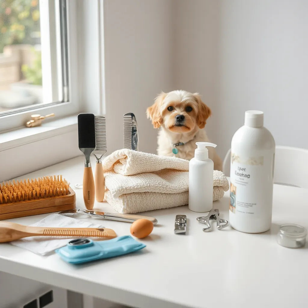 A set of pet grooming tools arranged neatly on a table with a towel and a calm pet nearby