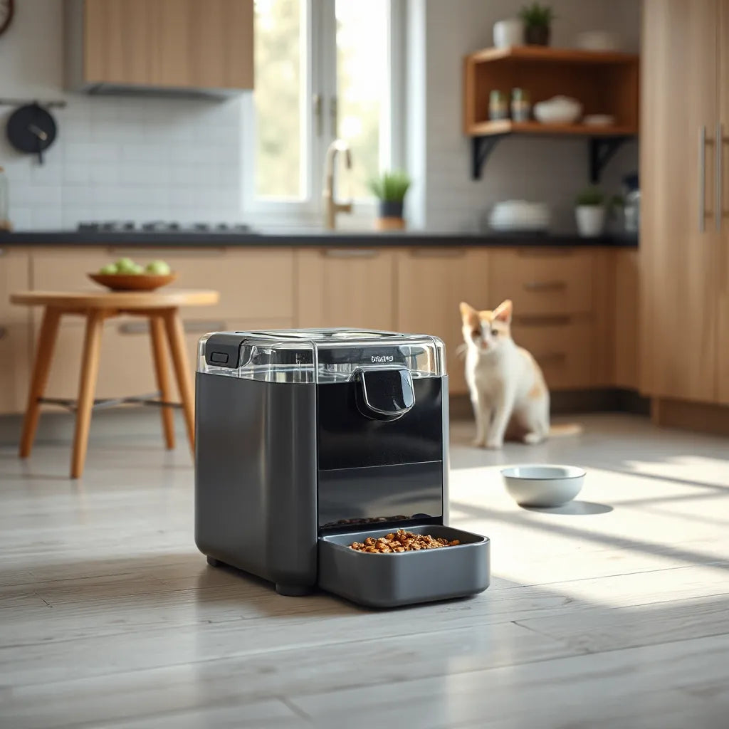 Automatic pet feeder on a kitchen floor beside a calm cat and dog