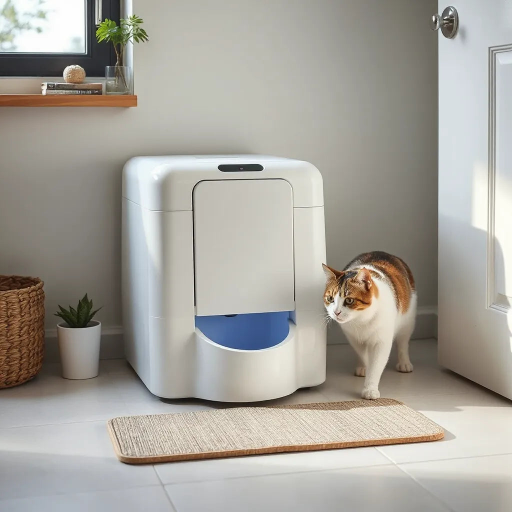 Compact automated self-cleaning cat toilet with a cat approaching in a bright bathroom setting