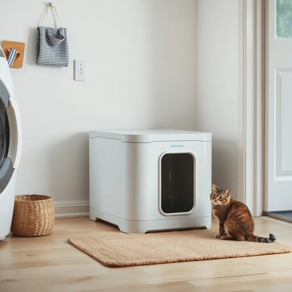 Modern intelligent litter box in a clean room with a cat nearby