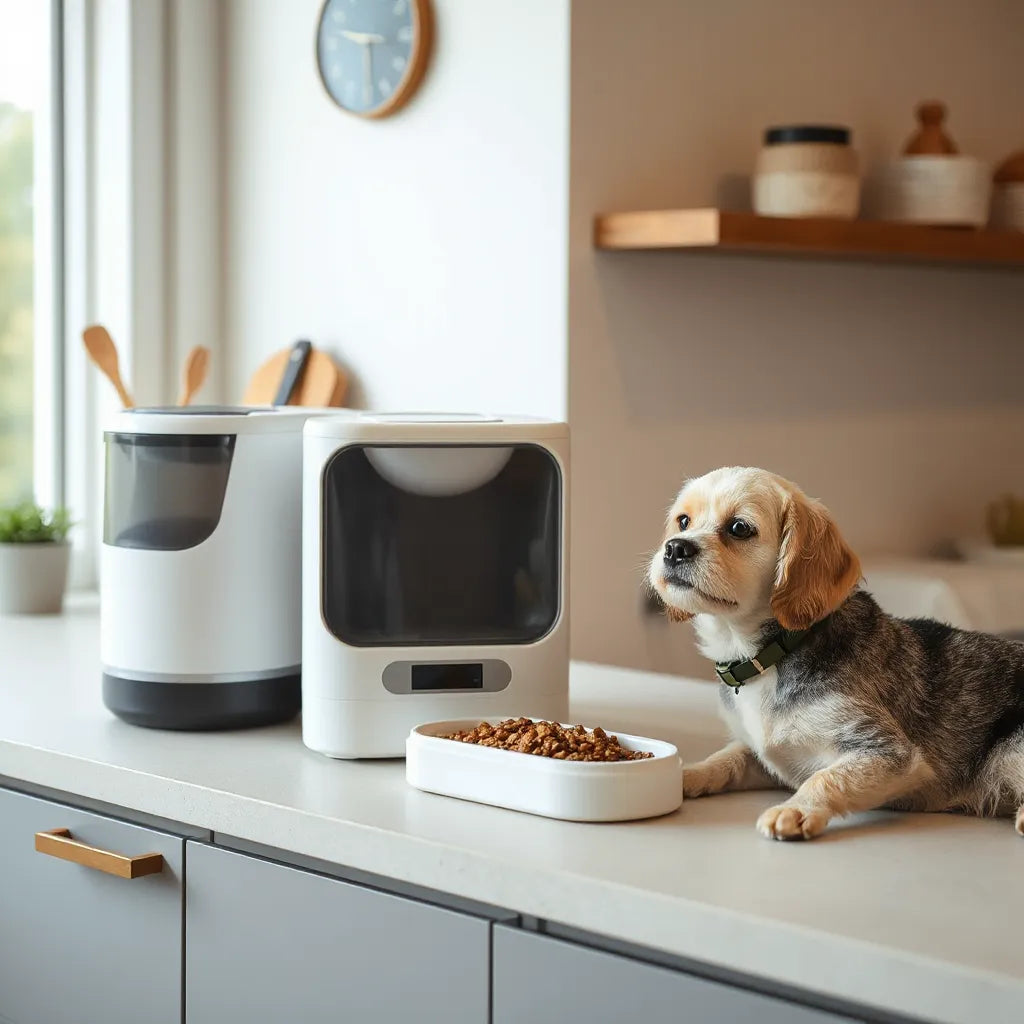 Minimal smart pet feeder on a kitchen counter with a cat and small dog watching