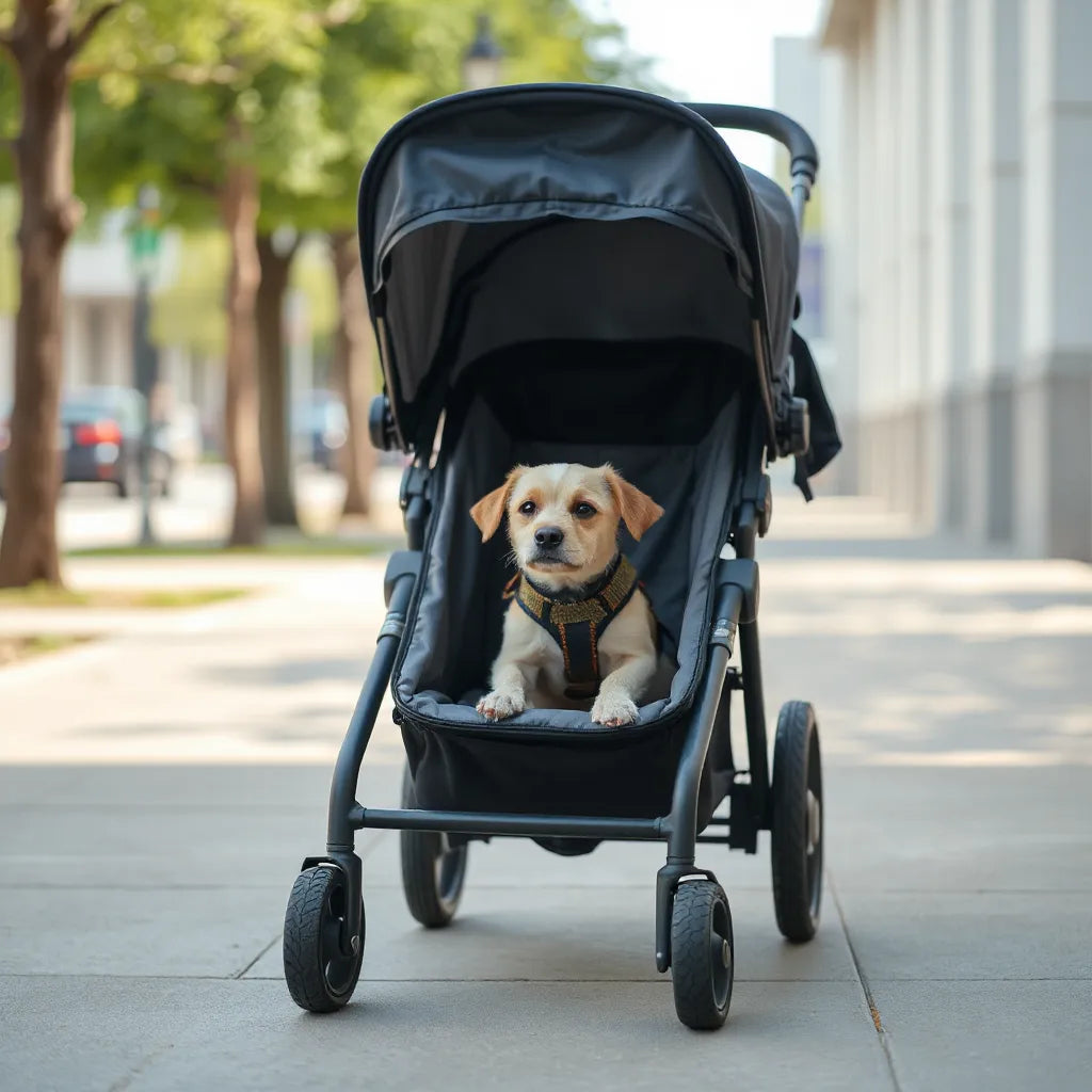 Small dog calmly seated in a pet stroller with canopy open on a sidewalk