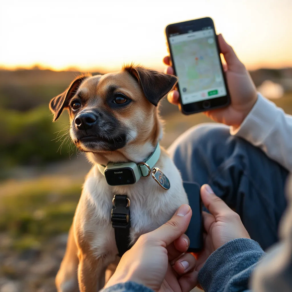 Dog wearing a GPS tracker collar while a person checks a smartphone map