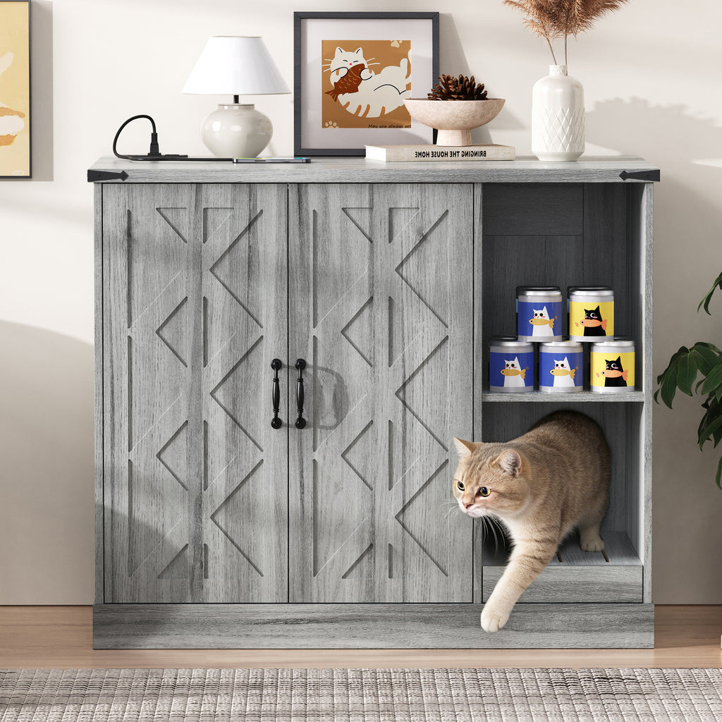 Katzentoilettenschrank mit Steckdose, modernes Katzenklo-Möbel für große automatische Katzentoiletten, versteckte Katzentoilettenverkleidung mit Streufang, verstellbare Ablagefächer, Grau
