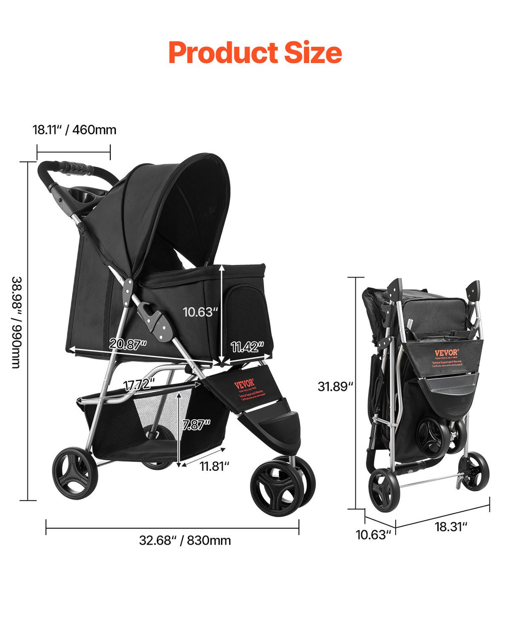 Haustier Buggy Faltbar 3 Räder Hundebuggy mit Bremse Bis zu 16kg Reise Camping