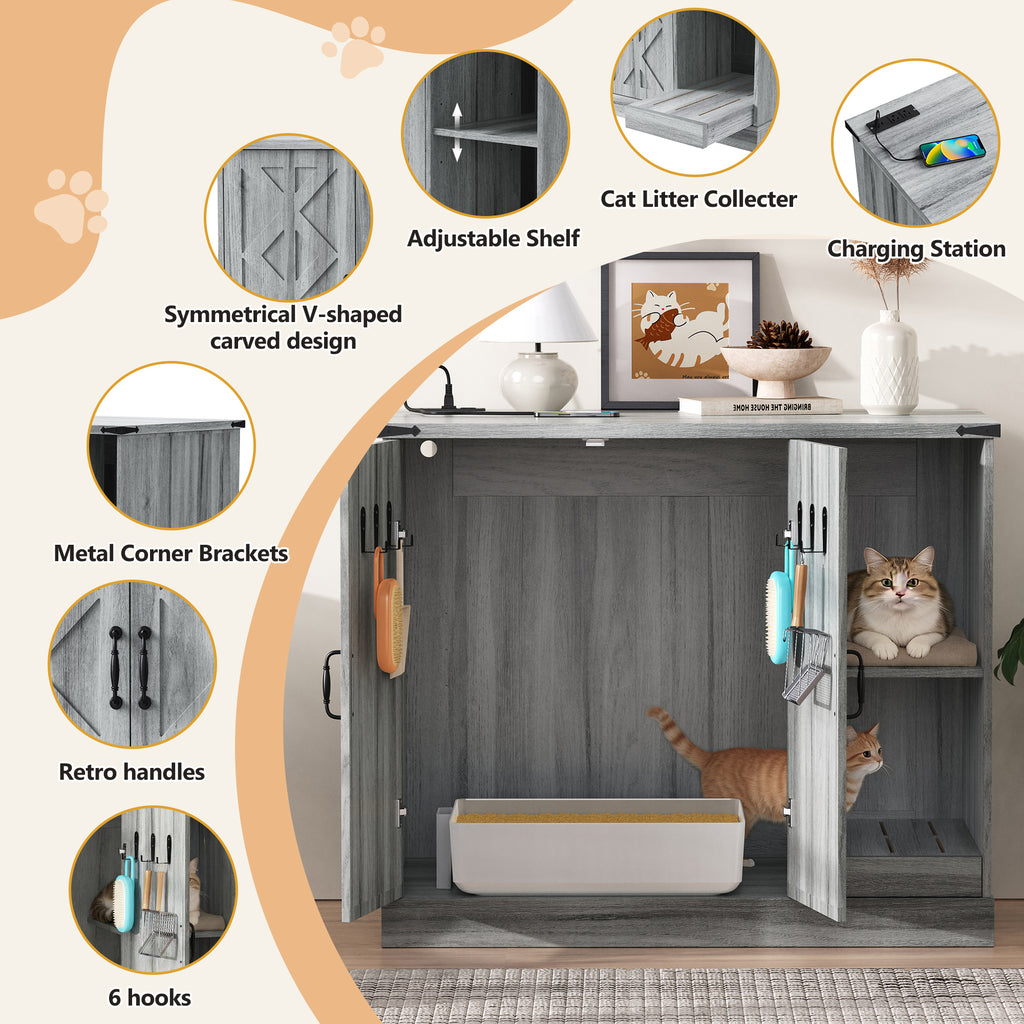 Katzentoilettenschrank mit Steckdose, modernes Katzenklo-Möbel für große automatische Katzentoiletten, versteckte Katzentoilettenverkleidung mit Streufang, verstellbare Ablagefächer, Grau
