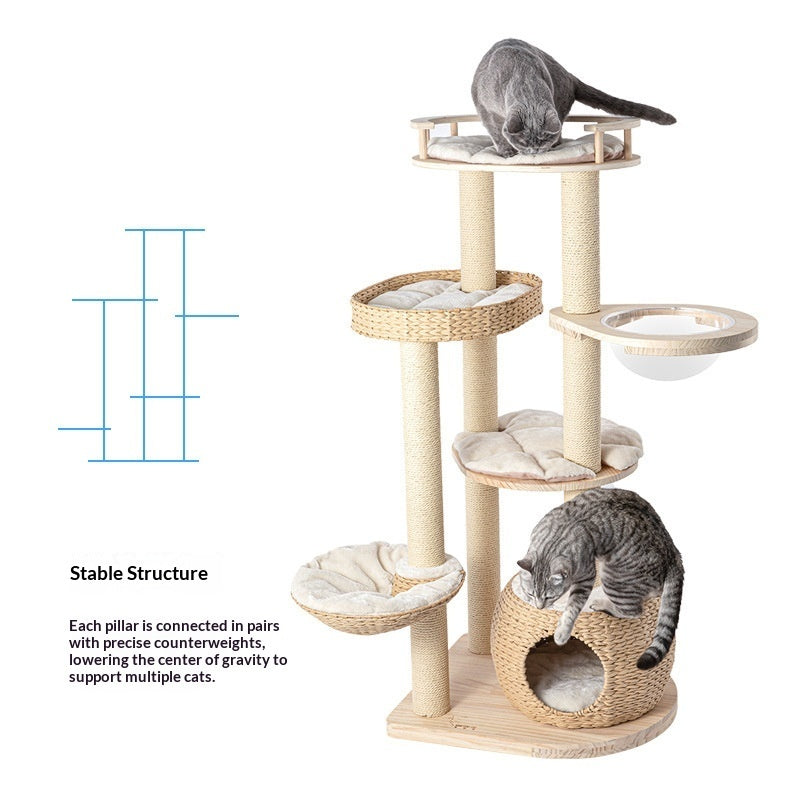 Solid Wood Cat Tree with Integrated Scratching Post & Cozy Nest