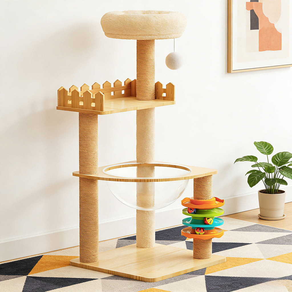 Modern Cat Tower 39.3" — Wood Cat Tree with Sisal Posts, Condo, Acrylic Hammock & Toys