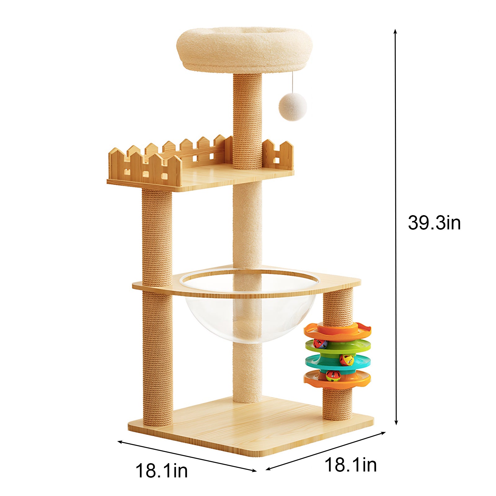 Modern Cat Tower 39.3" — Wood Cat Tree with Sisal Posts, Condo, Acrylic Hammock & Toys