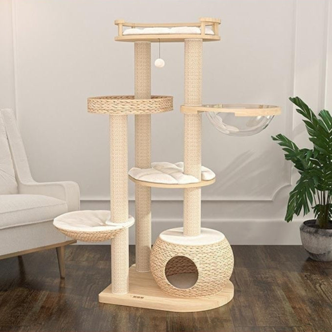 Solid Wood Cat Tree with Integrated Scratching Post & Cozy Nest