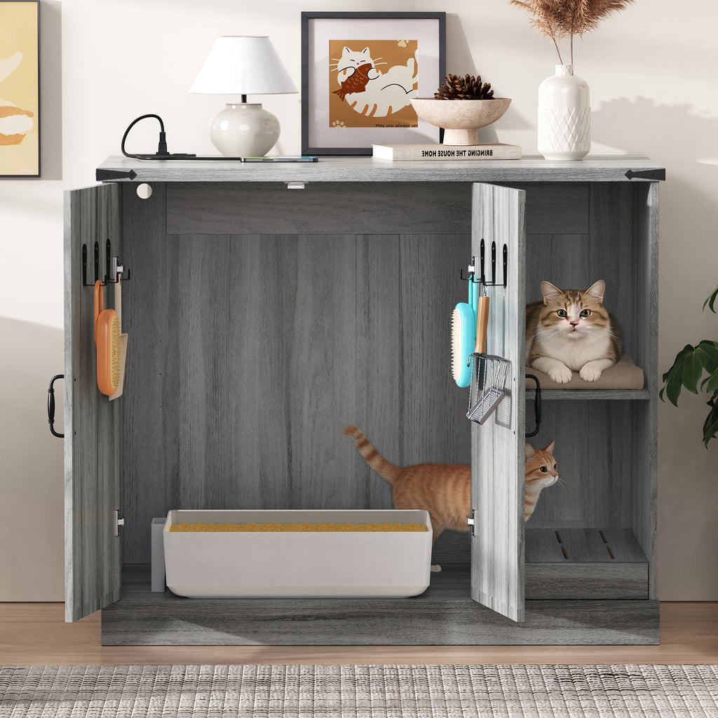 Katzentoilettenschrank mit Steckdose, modernes Katzenklo-Möbel für große automatische Katzentoiletten, versteckte Katzentoilettenverkleidung mit Streufang, verstellbare Ablagefächer, Grau