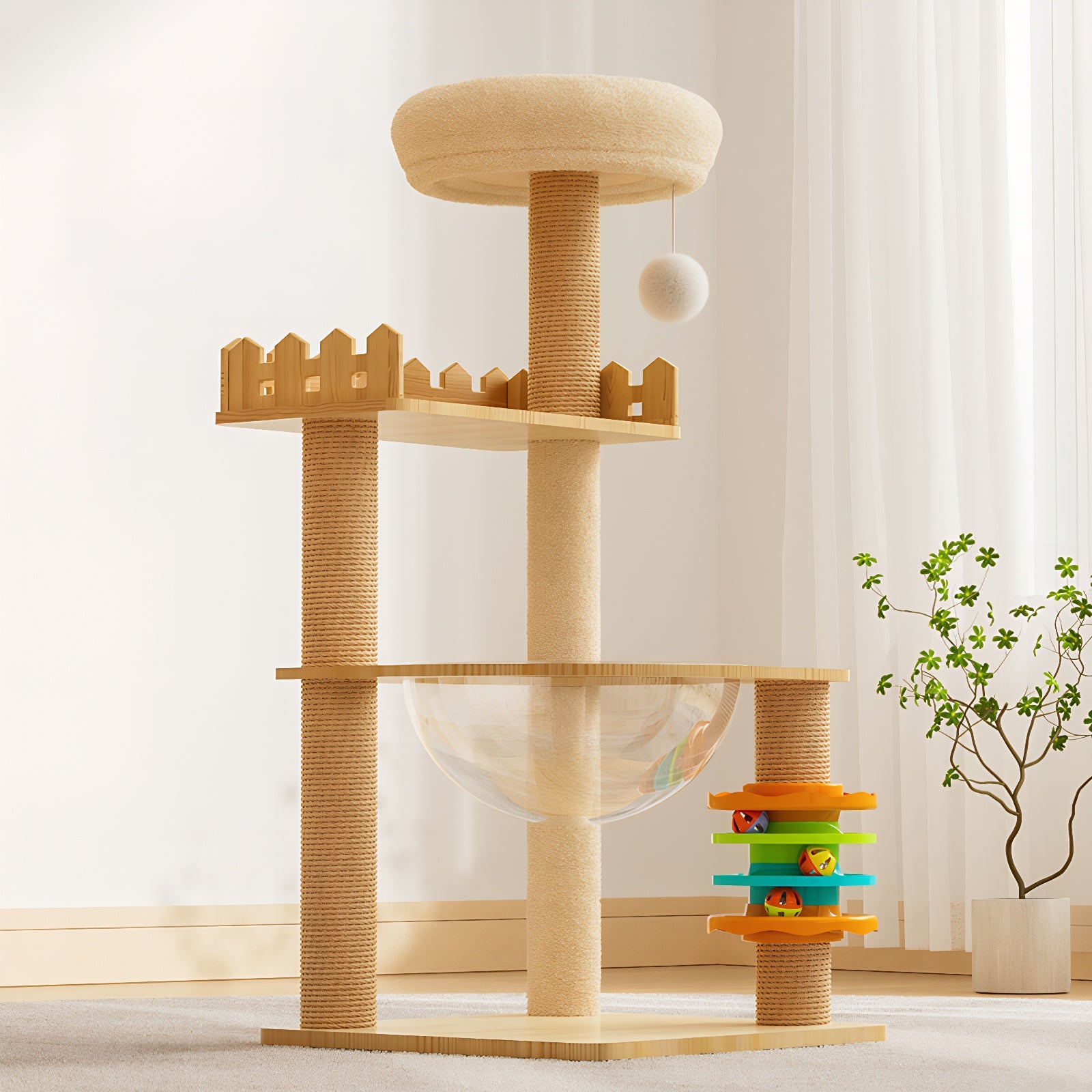 Modern Cat Tower 39.3" — Wood Cat Tree with Sisal Posts, Condo, Acrylic Hammock & Toys
